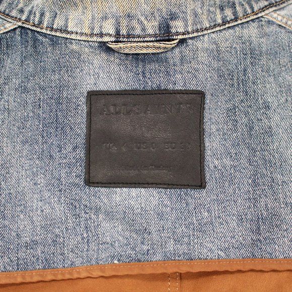 All Saints Frame Blue Denim Tan Suede Layered Jean Biker Jacket size 4 US 0 XS - Picture 7 of 7